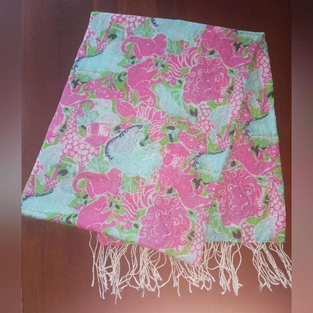 Lilly Pulitzer Pink and aqua Murfee scarf "Lilly Loves Palm Avenue" EUC